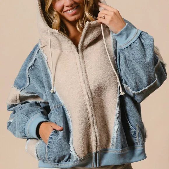 BIBI Oversized Patchwork Hoodie – Denim & Sherpa Zip Up, Streetwear Style - Picture 4 of 15